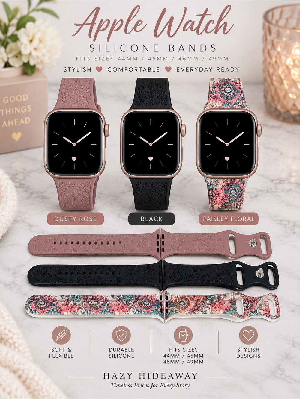 3-Pack Floral Silicone Apple Watch Bands 44/45/46/49mm Boho Paisley Mauve & Blk